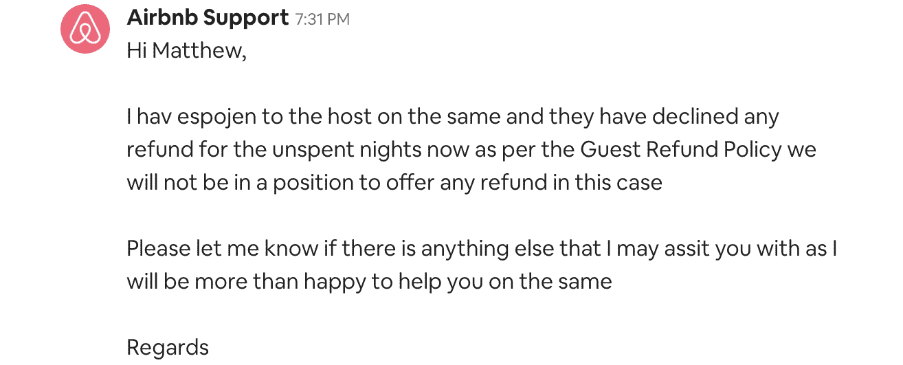 screenshot of Airbnb customer service conversation