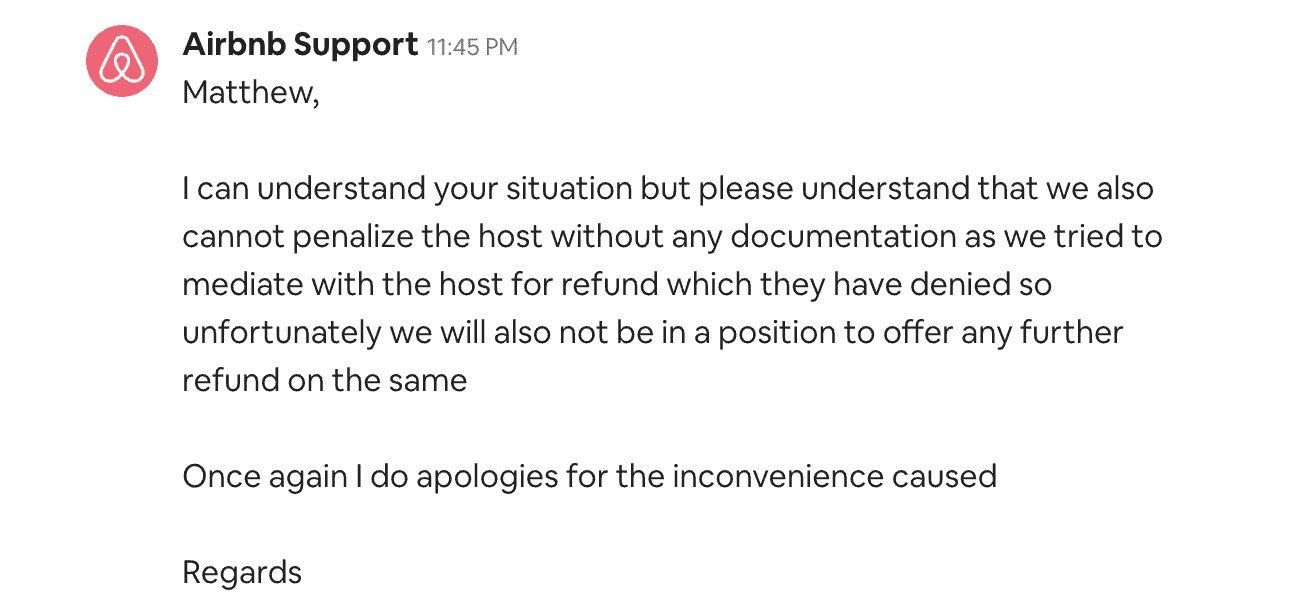 screenshot of Airbnb customer service conversation