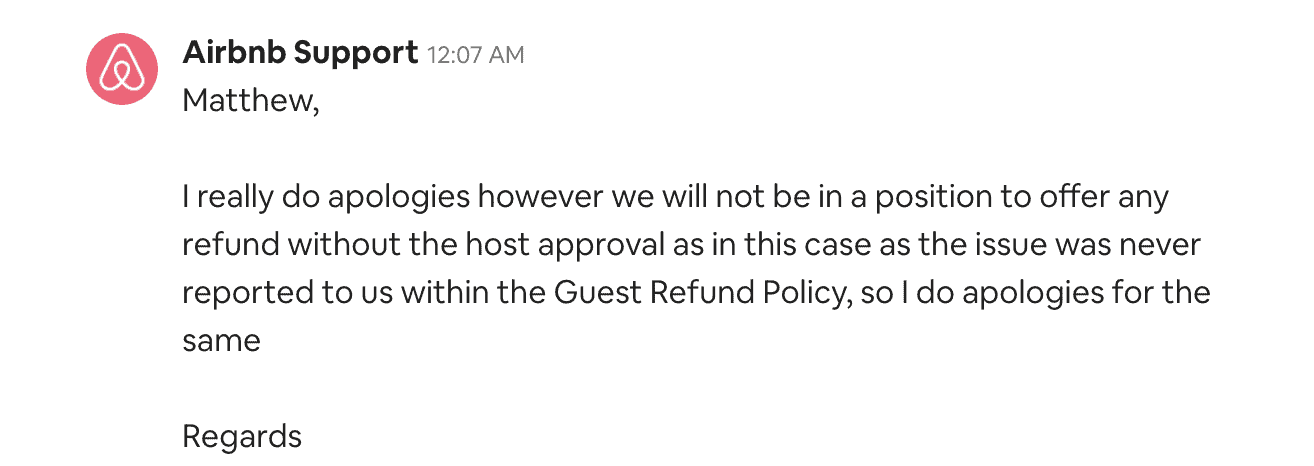 screenshot of Airbnb customer service conversation