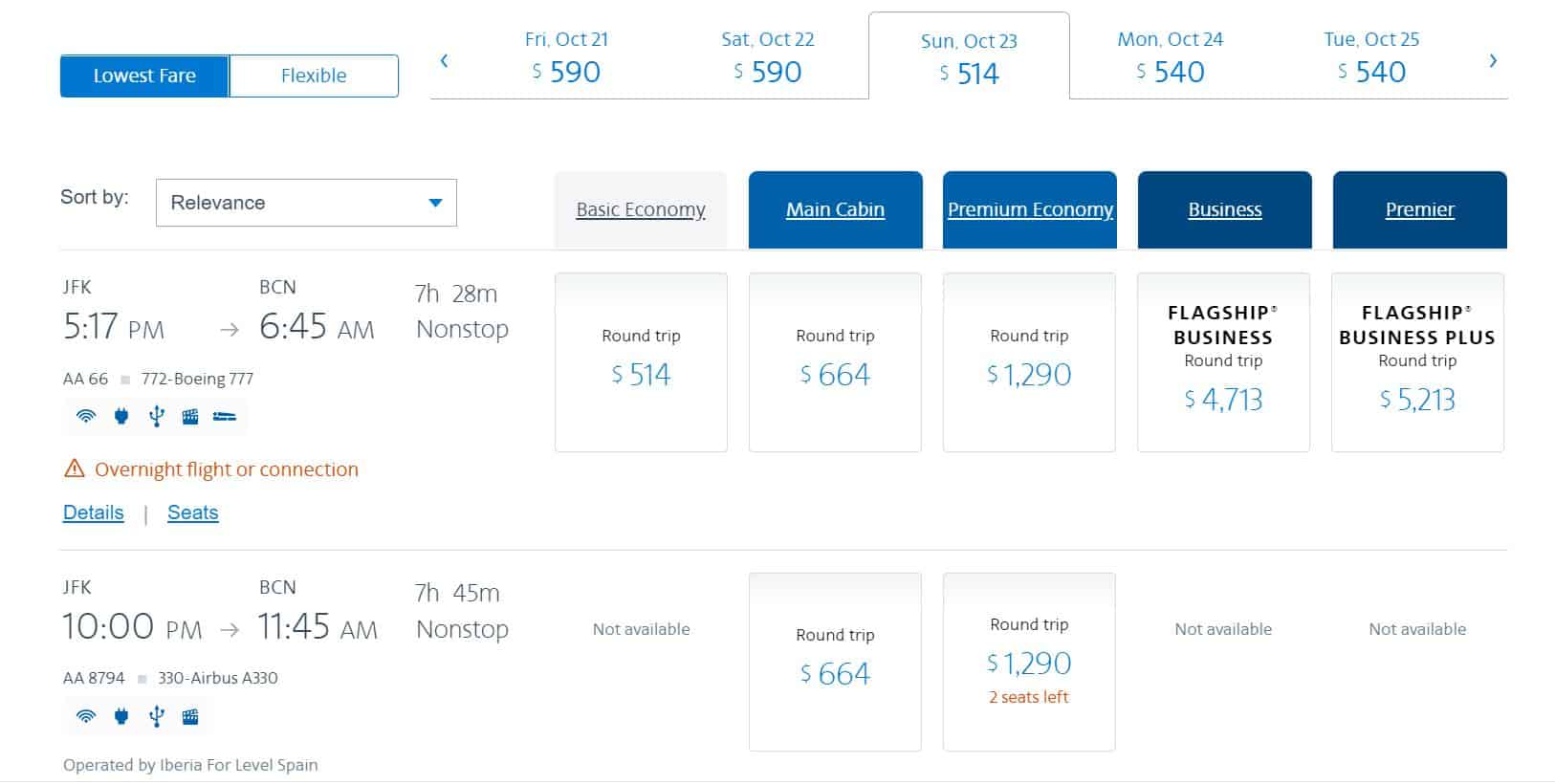 Screenshot of flights from New York to Barcelona on American Airlines.