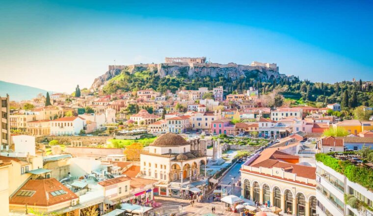 The view overlooking historic Athens, Greece with the Acropolis in the distance