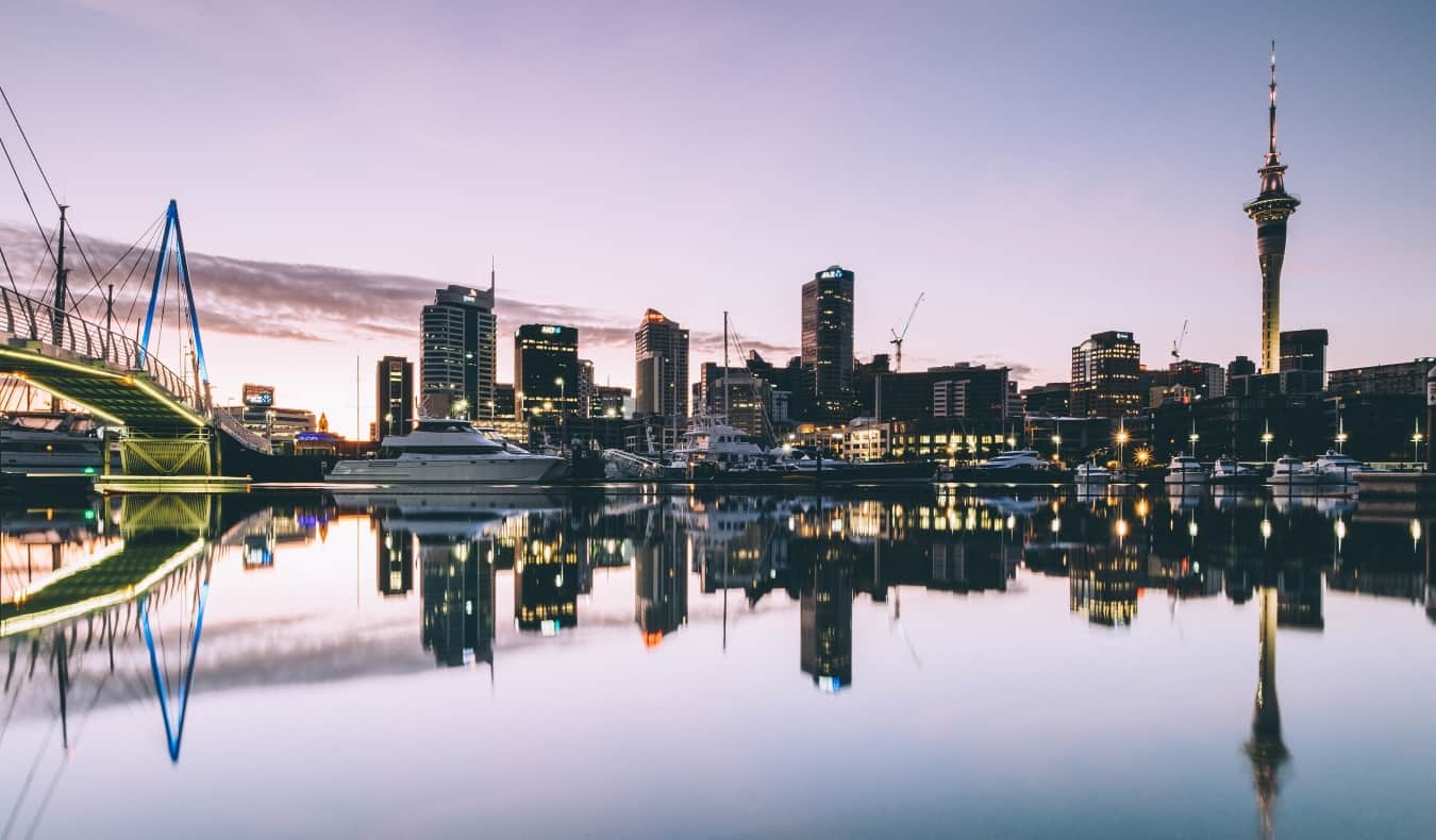 The harbor and skyline of Auckland, New Zealand, at night