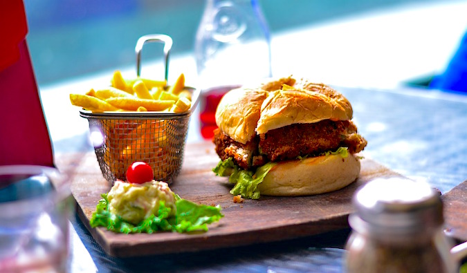 American cuisine  in the form of fries and a chicken burger