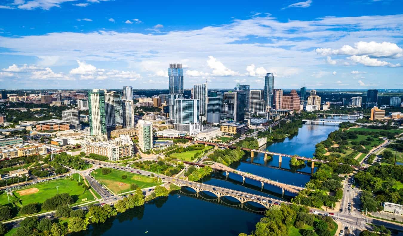 A bright and sunny day overlooking the towering skyline of Austin, Texas