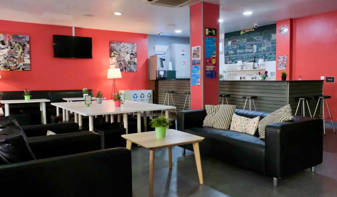 The common area of HelloBCN hostel in Barcelona, Spain