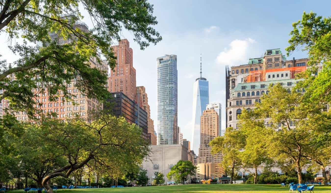 The green grass and fields of Battery Park in New York City, USA