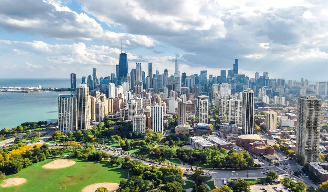 Chicago's skyscraper-filled skyline with a large sprawling park in the foreground