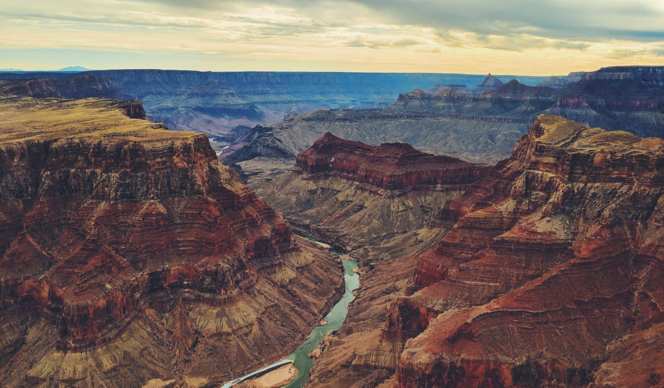 The colorful rocks of the Grand Canyon during sunset