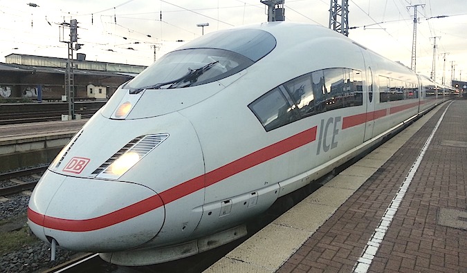 A Eurail train parked at a train station in Europe