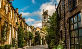 The narrow and charming Circus Lane in historic Edinburgh, Scotland on a sunny day