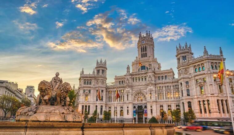 The historic buildings of Madrid, Spain on a warm and sunny summer day