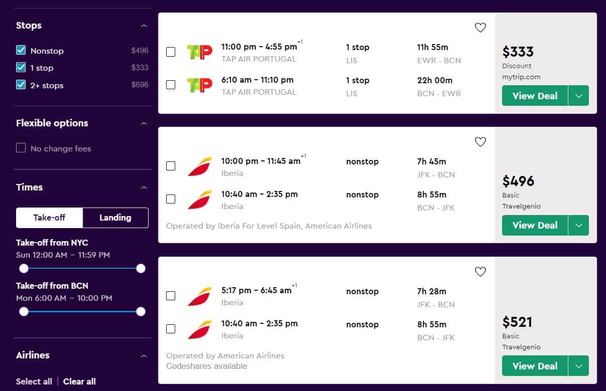 Screenshot from Momondo searching flights from New York to Barcelona, with results from TAP Air and Iberia.