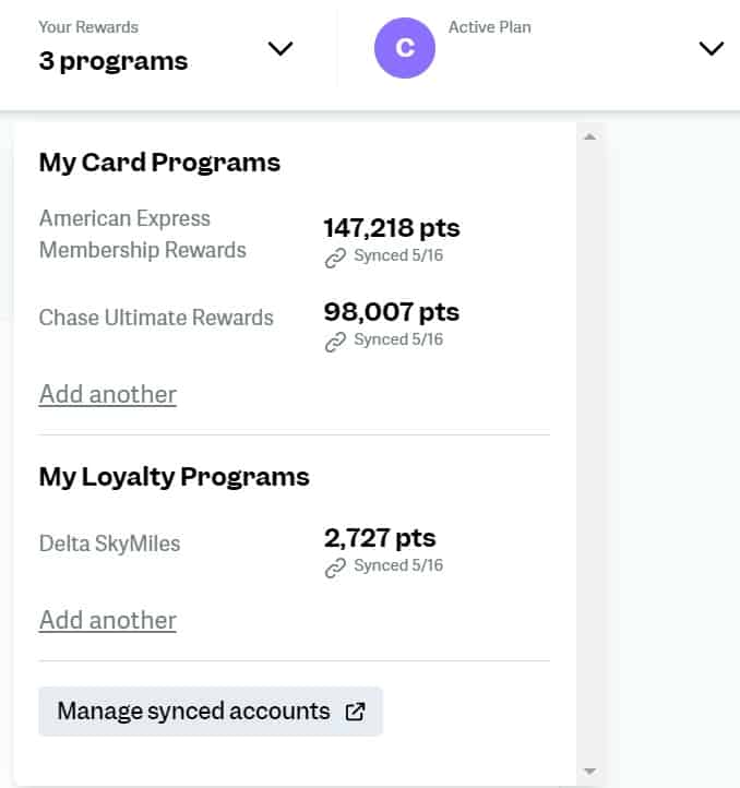 point.me drop-down menu showing different awards programs and their corresponding point balances.