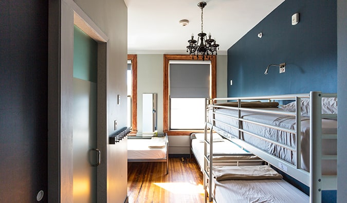 Bunk beds and twin beds in dorm room at Q4 hotel in NYC